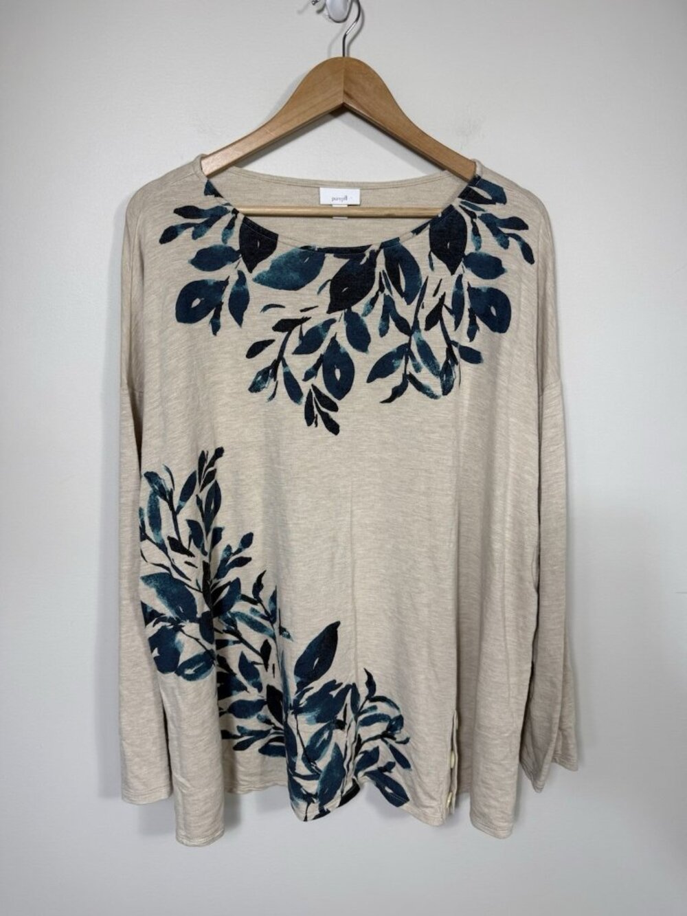 J Jill Top Womens Floral Tunic 3X Long Sleeve Beige Blue Teal Fall
